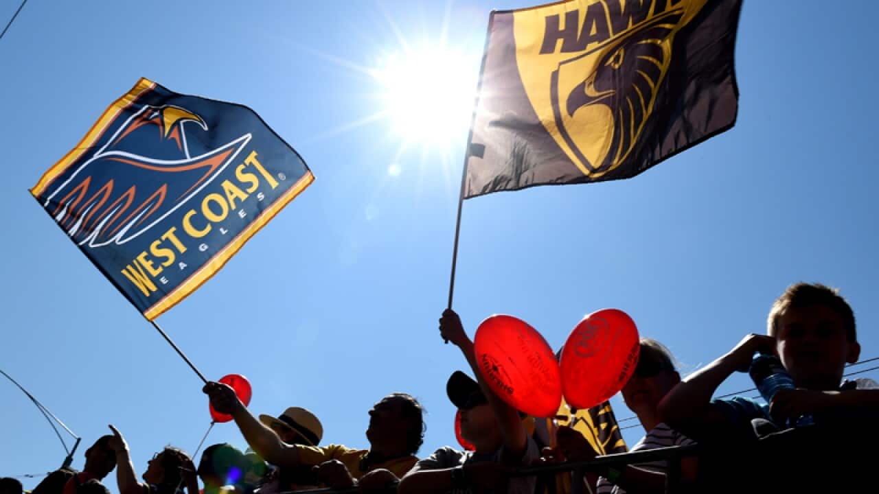 West Coast Eagles fans and Hawthorn Hawks