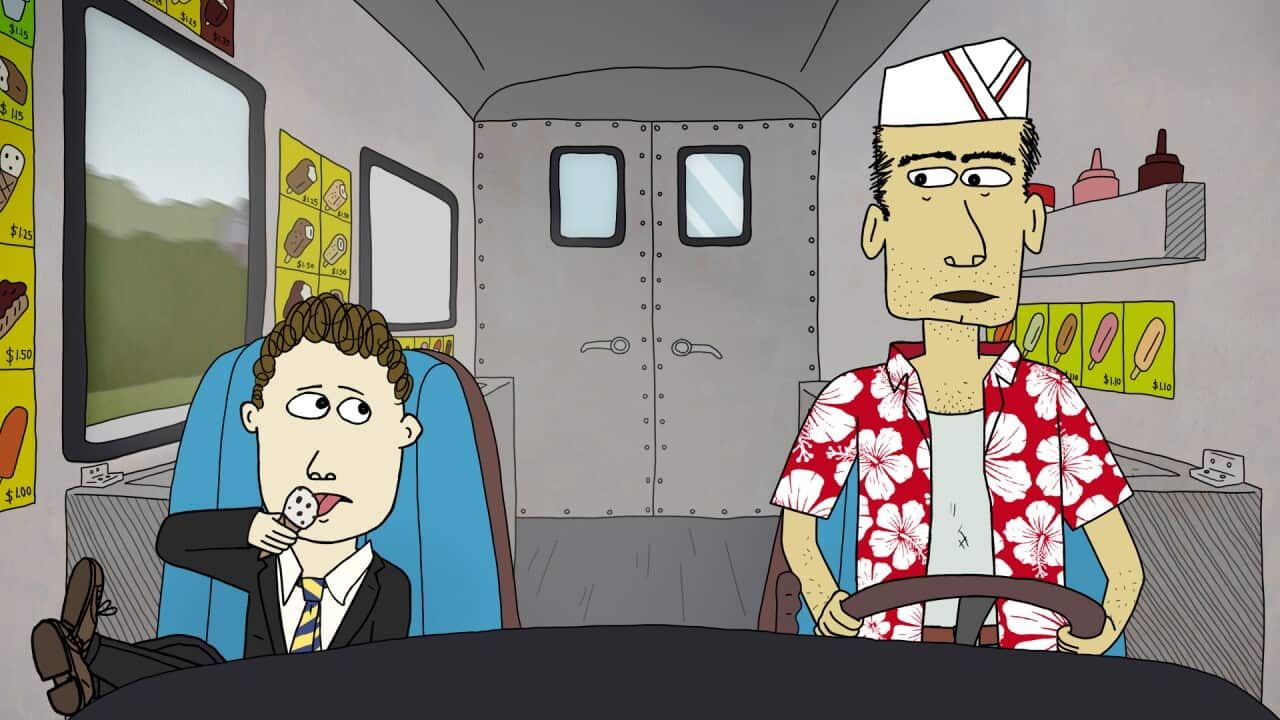 An animated scene shows a man in a red Hawaiian shirt driving an ice-cram van. A boy in schoold uniform sits in the passenger seat, eating and ice-cream. 