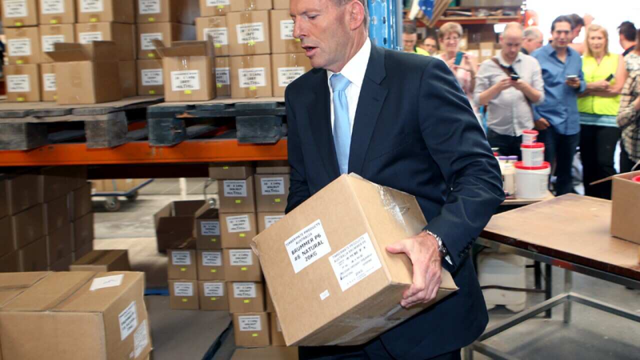 Tony Abbott visits the Timbermate factory in the Melbourne