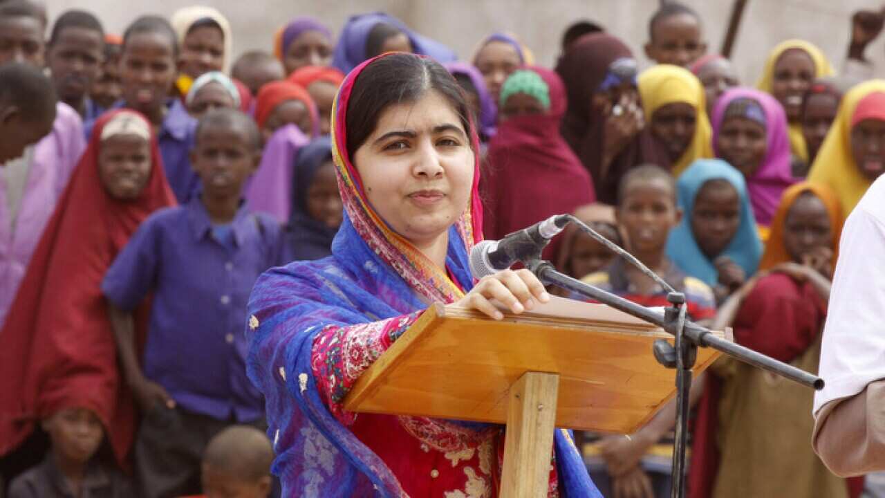 Malala Yousafza, speaks to  refugees  in Dadaab refugee camp, Kenya,  Tuesday, July 12, 2016