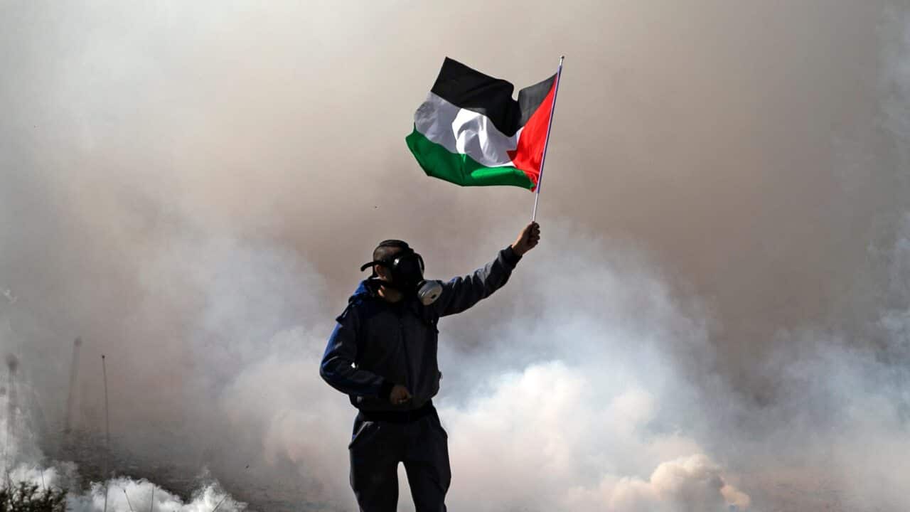 A protester waves a Palestinian flag amid tear gas fired by Israeli forces during a protest against the expansion of settlements in the West Bank in December.