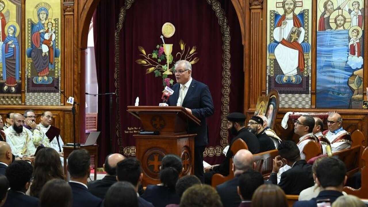Scott Morrison speaks during at St Mark Coptic Orthodox Church.