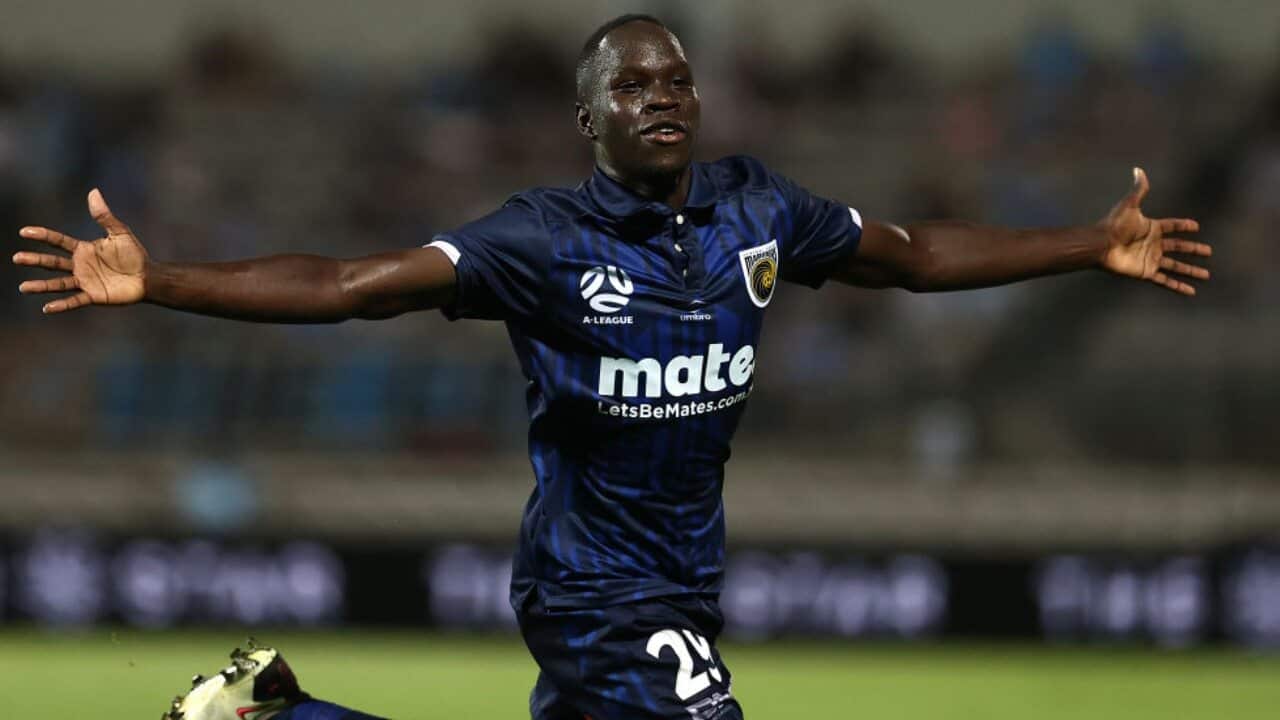 Alou Kuol celebrates a goal for the Central Coast Mariners