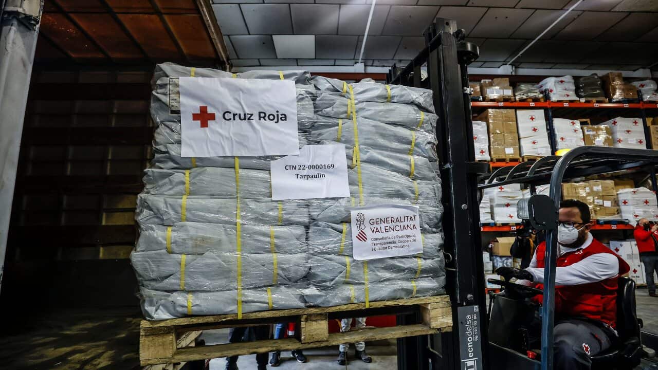 Aid destined for Ukraine at the Red Cross Logistics Centre in Valencia, Spain