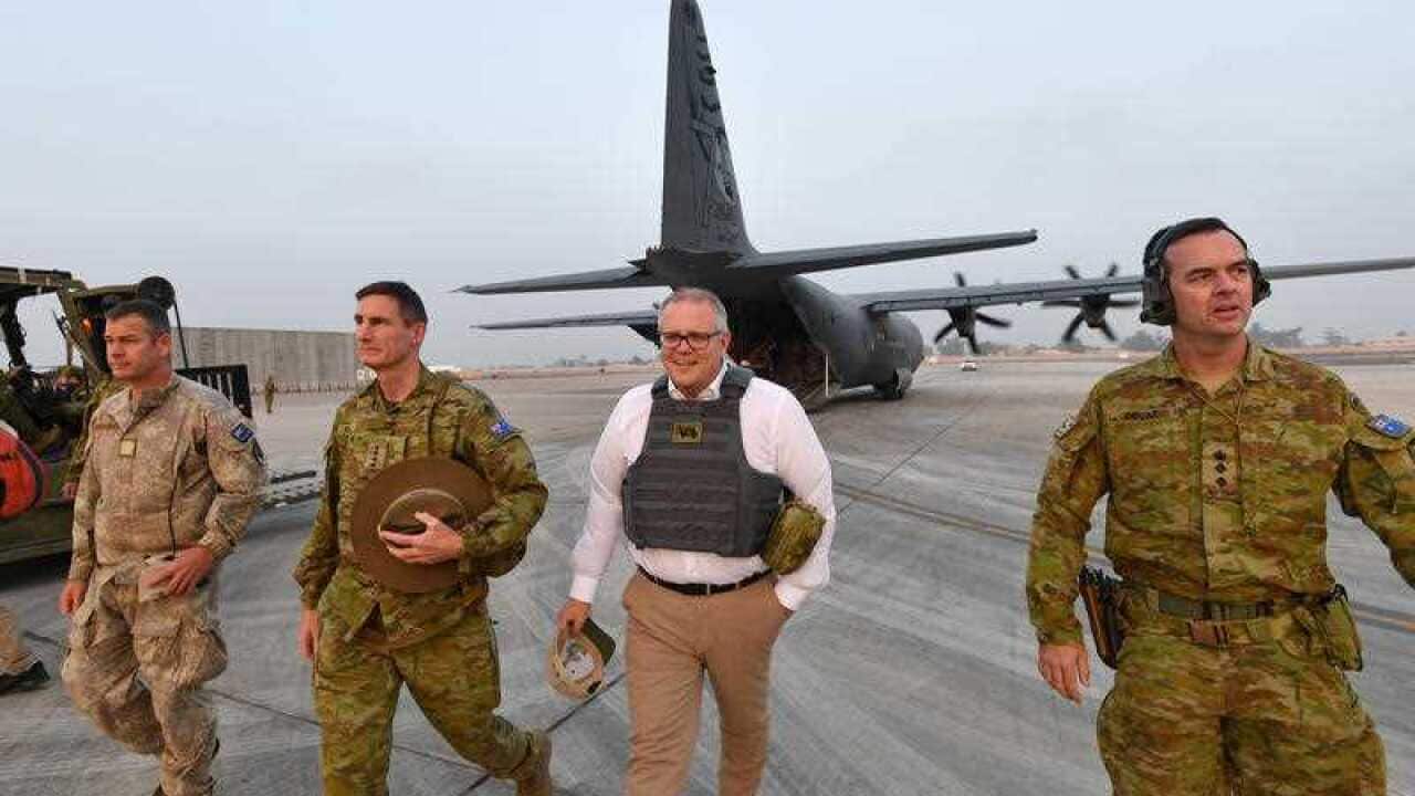 Prime Minister Scott Morrison is seen during a visit to Task Group Taji at Taji Military Complex in Iraq.