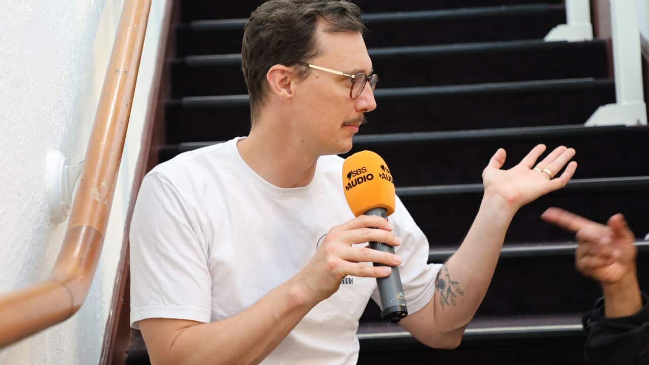 John-Cheong Holdaway believes that by playing gamelan people can learn  Indonesian. Collingwood Town Hall, Melbourne - Nov 2025 (SBS Indonesian).