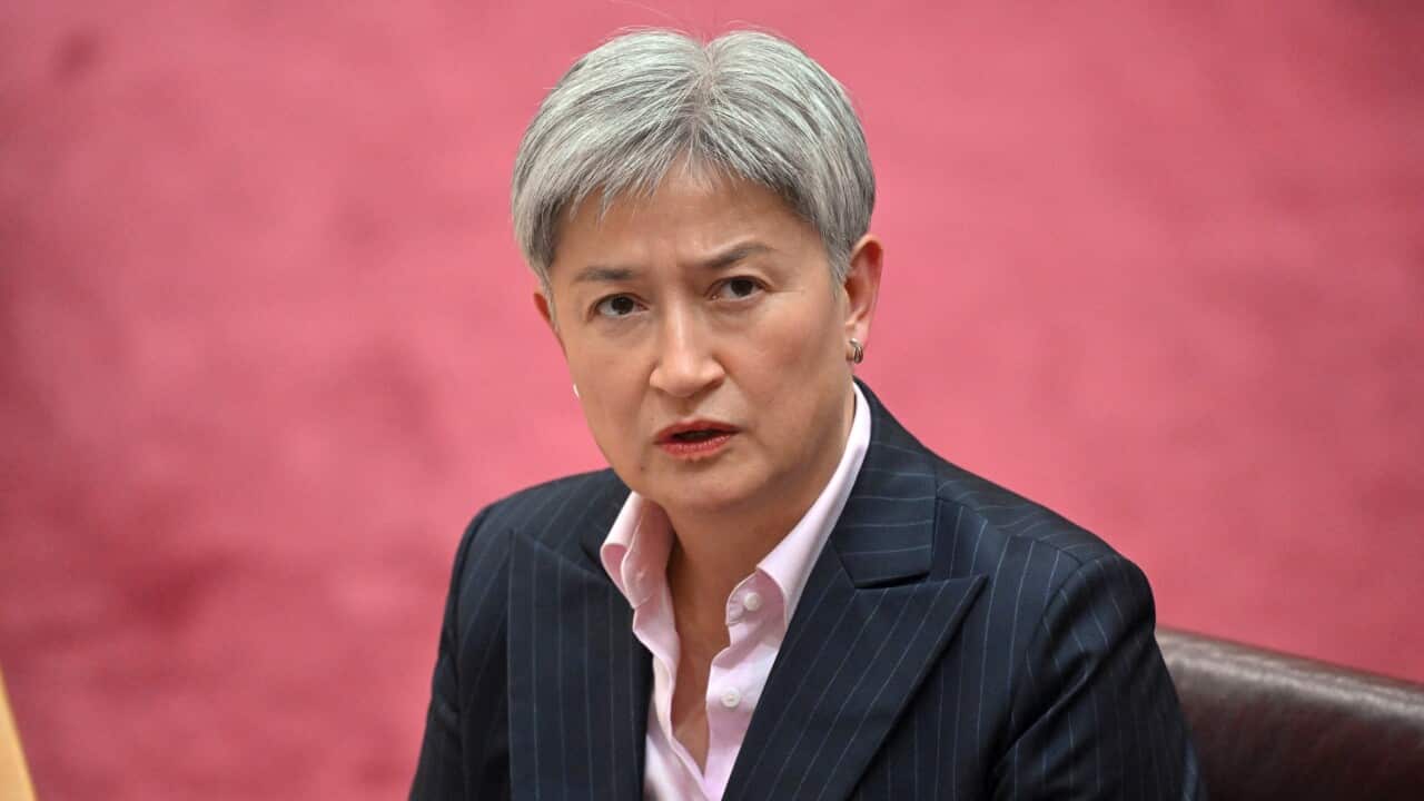 A person with short grey hair in a dark pinstripe suit speaks in a formal setting.