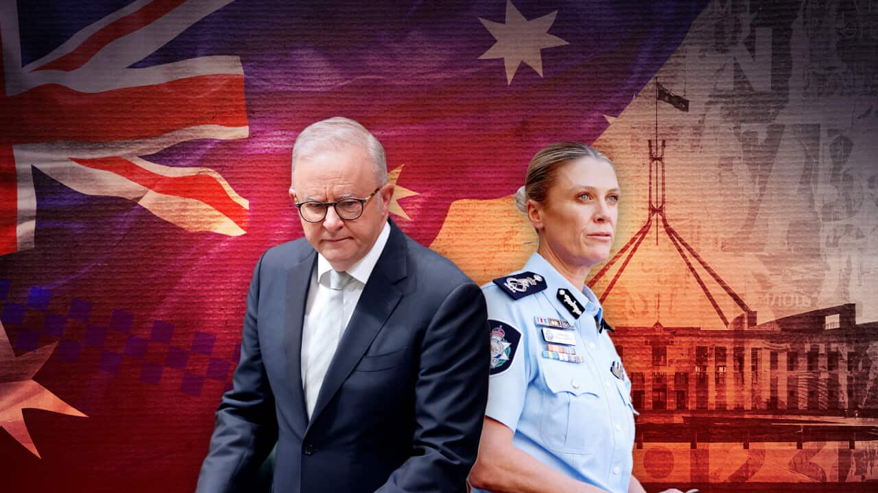 A graphic depicting Anthony Albanese and AFP Commissioner Krissy Barrett in front of a red-hued background that includes Australia's Parliament House and an Australian flag.