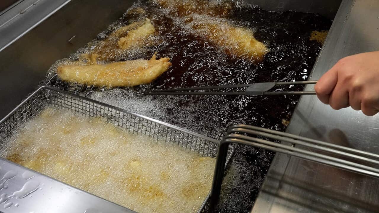 Fish and chips being fried