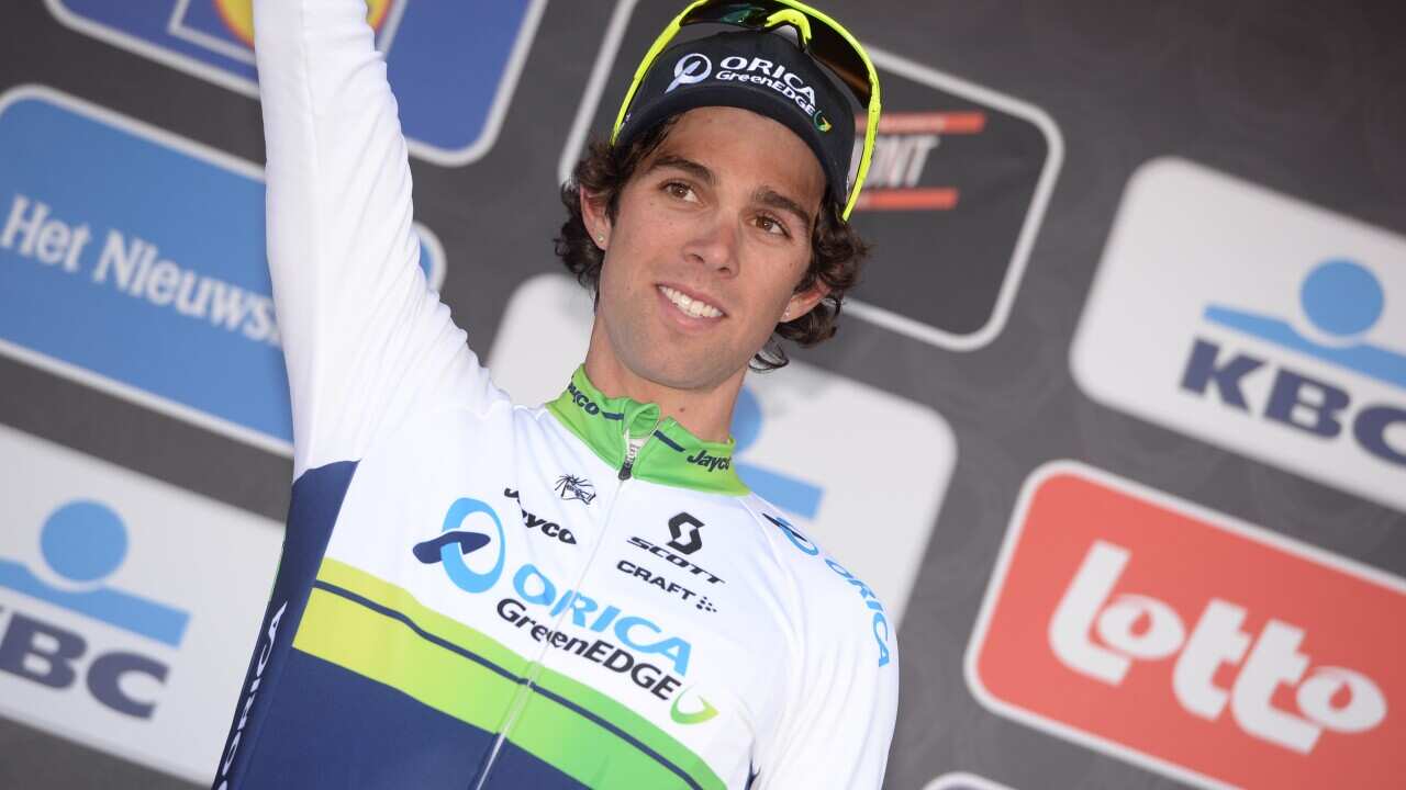 Orica-GreenEDGE's Michael Matthews on the podium after finishing second in Brabantse Pijl