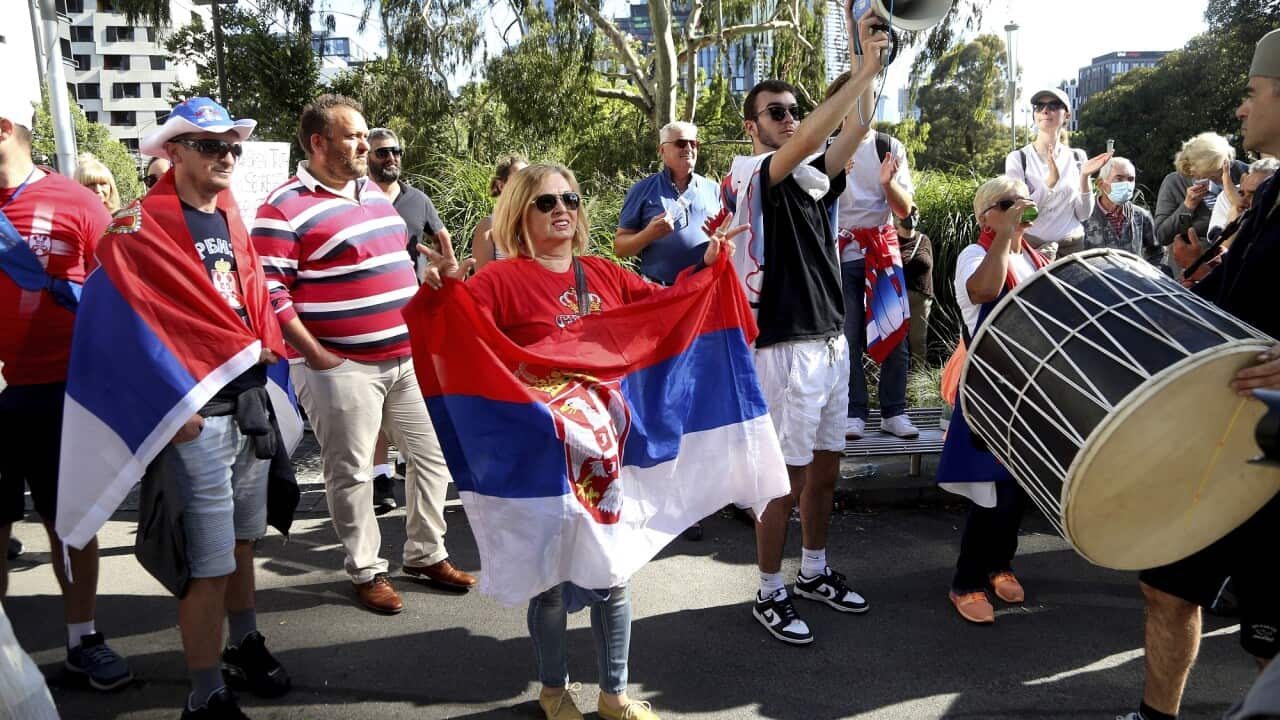 Protestors and fans of Serbia's Novak Djokovic outside the Park Hotel.