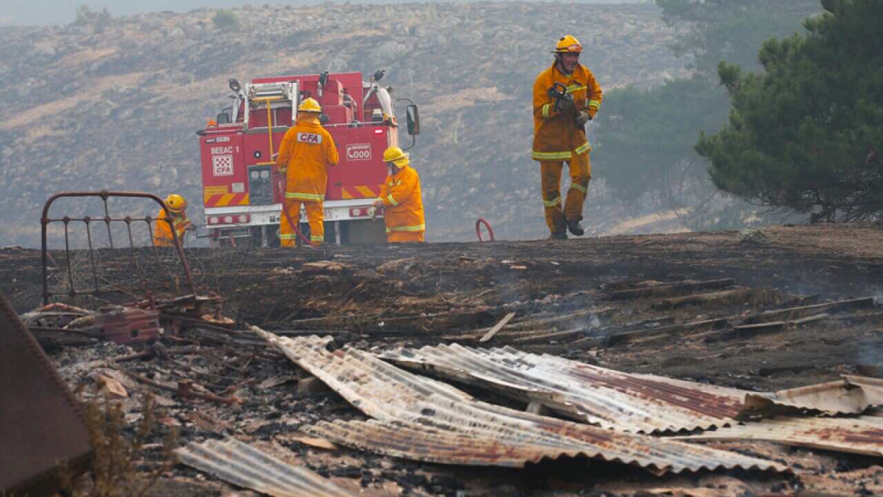Firefighters battle a bushfire near Scotsburn in Victoria