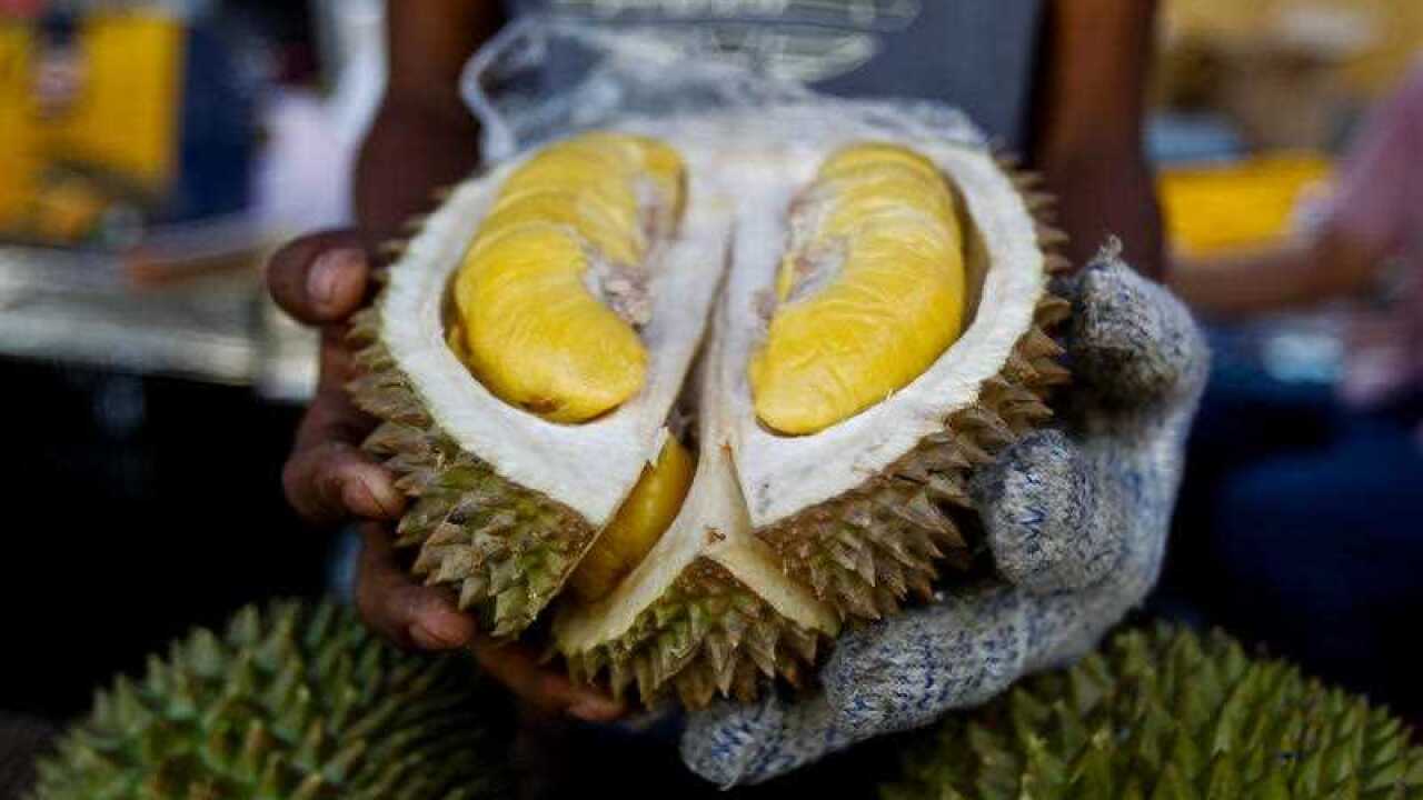In this Nov. 25, 2017, file photo, a cut Musang King durian is shown by a vendor during the International Durian Cultural Tourism Festival in Bentong, Malaysia.