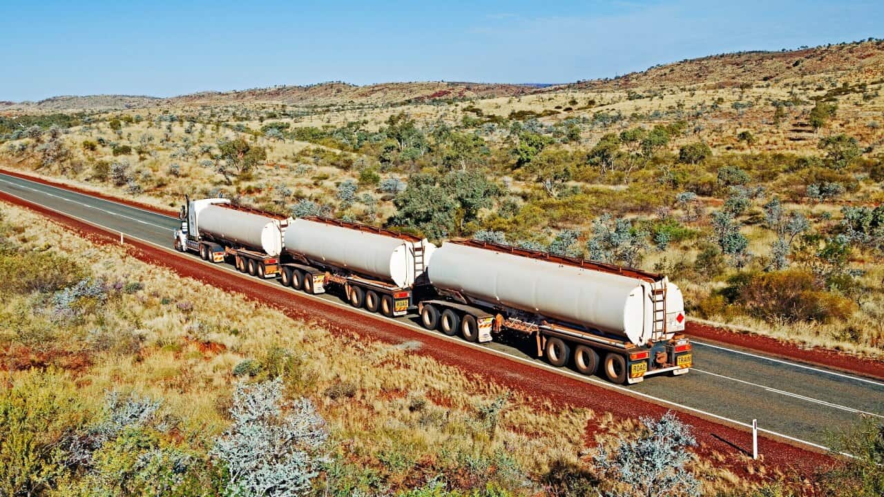 A road train hauls natural gas from Port Hedland to Newman