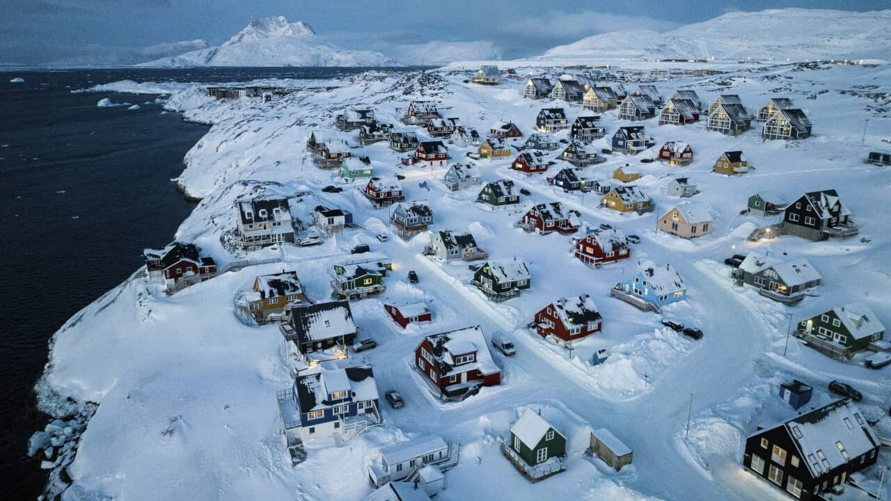 Houses covered by snow on the coast of a sea inlet in Greenland