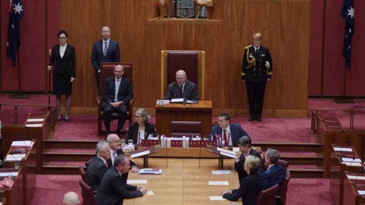 Australian Governor-General Sir Peter Cosgrove speaks during the reopening of Parliament in the Senate chamber at Parliament House in Canberra, Monday, April 18, 