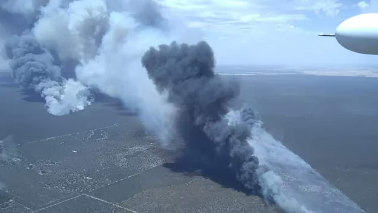 Firefighters are battling two out-of-control blazes in Victoria, including the Dimboola fire, sparked by dry lightning at Little Desert National Park. AAP Supplied.png