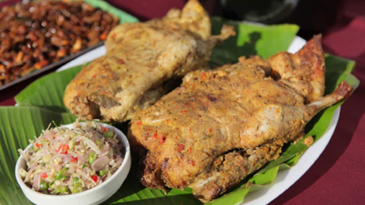 Roast duck in banana leaf (bebek betutu) SBS Food
