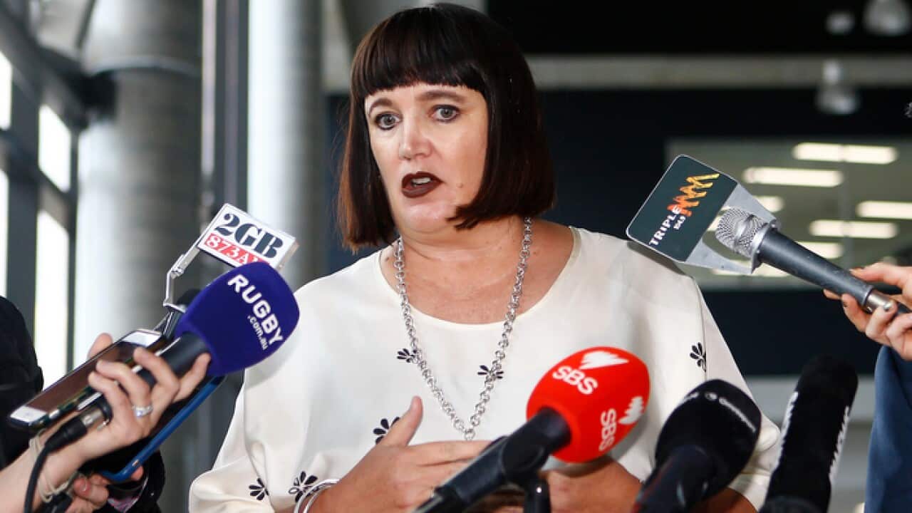 Rugby Australia CEO Raelene Castle speaks to media during a press conference on rugby player Israel Folau's use of social media at Rugby Australia headquarters in Sydney, Friday, April 10, 2018. (AAP Image/Daniel Munoz) NO ARCHIVING