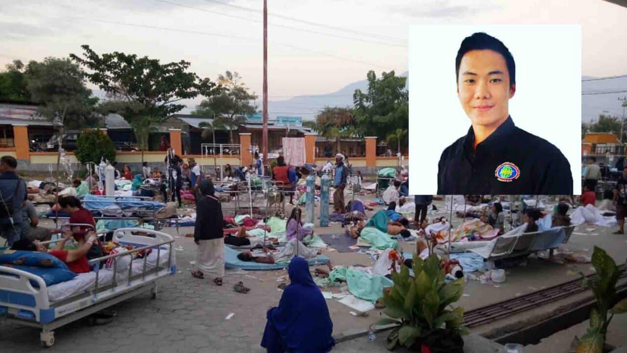 Survivors of the tsunami receive medical treatment. The inset is a portrait of Anthonius Gunawan Agung. 