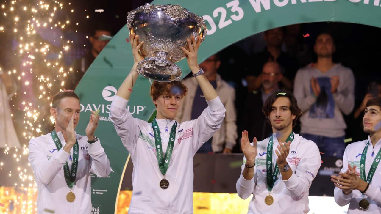 Italian tennis player Jannik Sinner and his teammates celebrate winning 2023 Davis Cup Finals against Australia