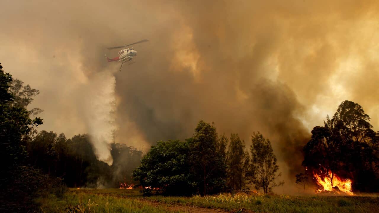 A fire bombing helicopter works to contain a bushfire along Old Bar road in Old Bar, NSW, 