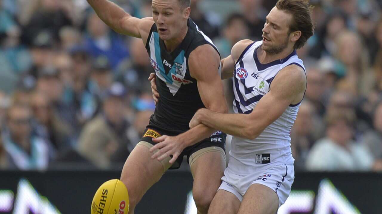 Robbie Gray of the Power and Joel Hamling of the Dockers