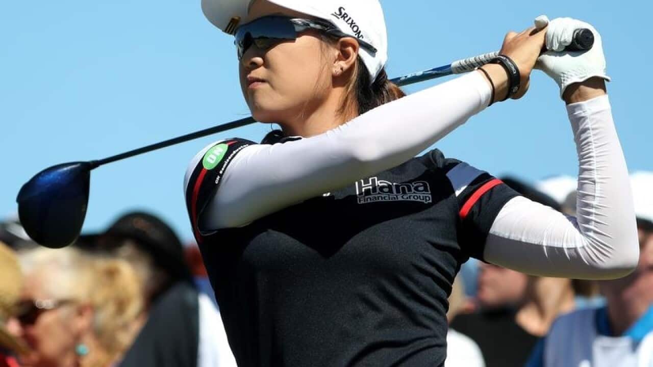 Minjee Lee of AUS tees off the 15th during the Vic Open.