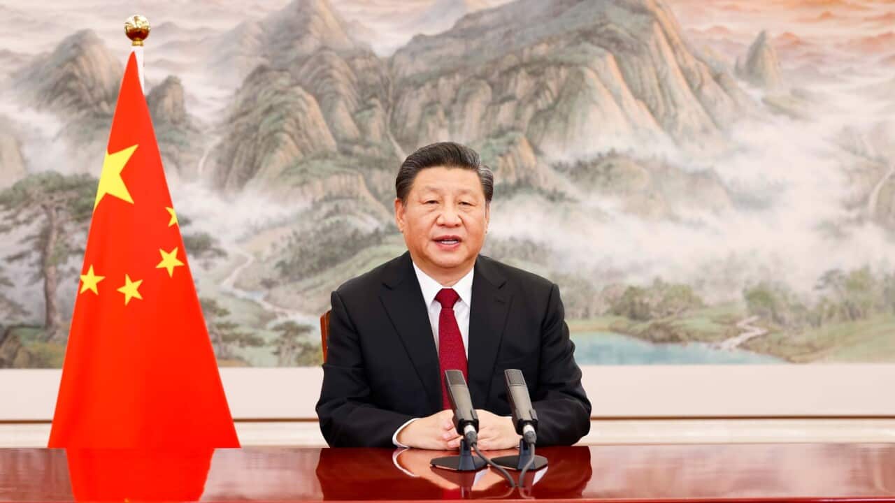 , Chinese President Xi Jinping delivers a keynote address for the 2022 World Economic Forum virtual session in Beijing, Monday, Jan. 17, 2022.