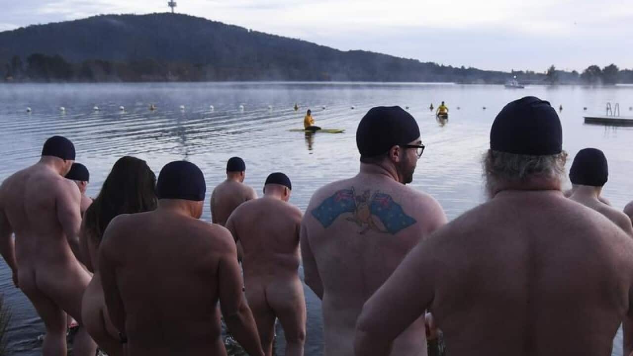 Participants of Canberra's Winter Solstice Nude Charity Swim.