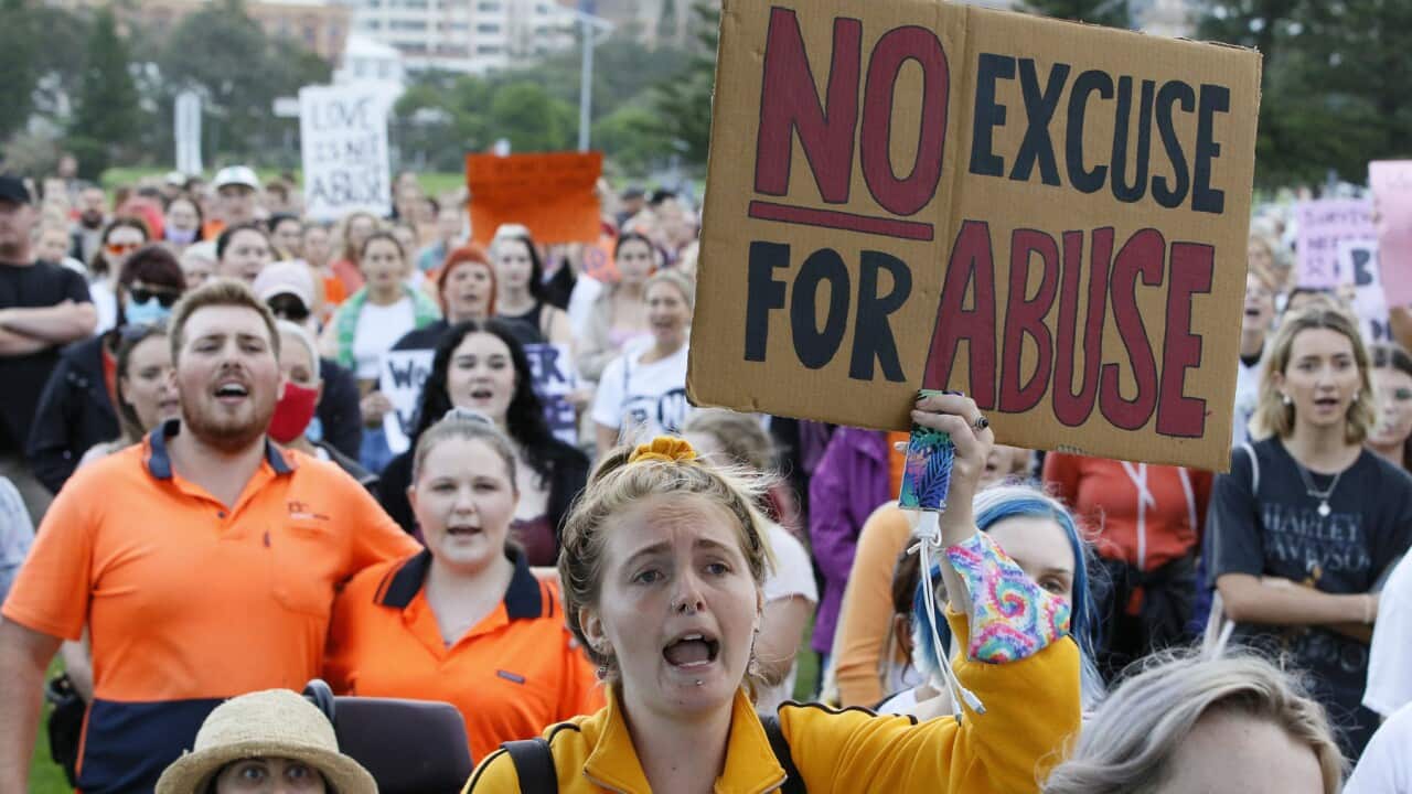 Campaigners at a family violence rally in Newcastle (AAP)