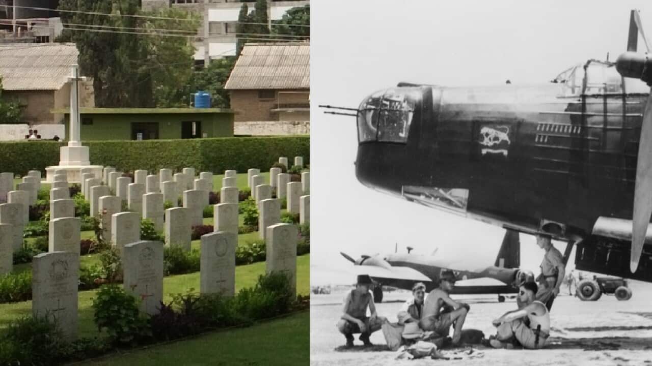 Rawalpindi War Cemetery, Pakistan, via Commonwealth War Graves Commission (L) and an image of Australian airmen during WWII, via Australian War Memorial.