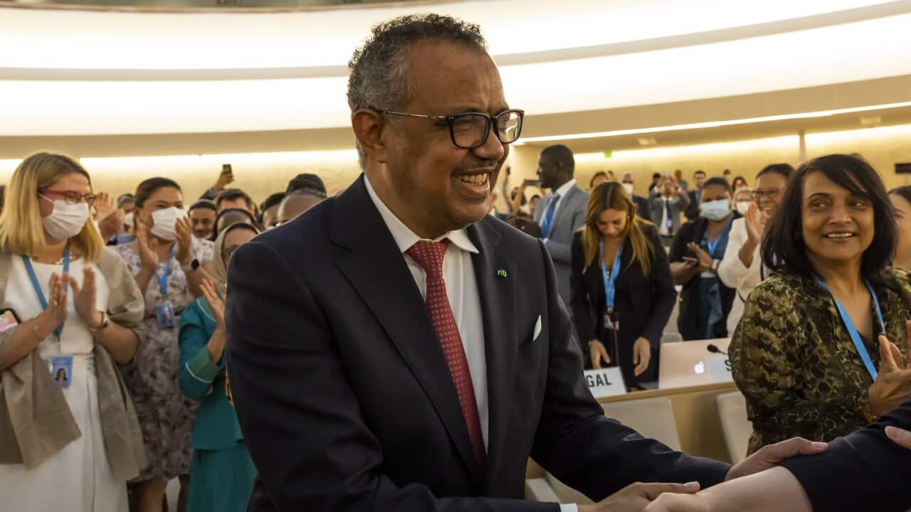 Dr Tedros Adhanom Ghebreyesus, Director-General of the World Health Organization is congratulated by delegates after his reelection