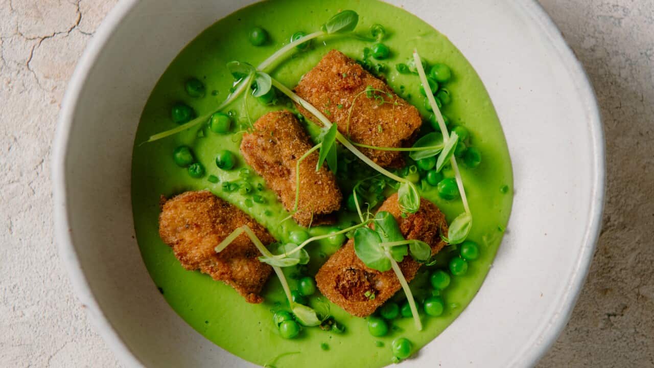 Ham hock fritters in pea sauce