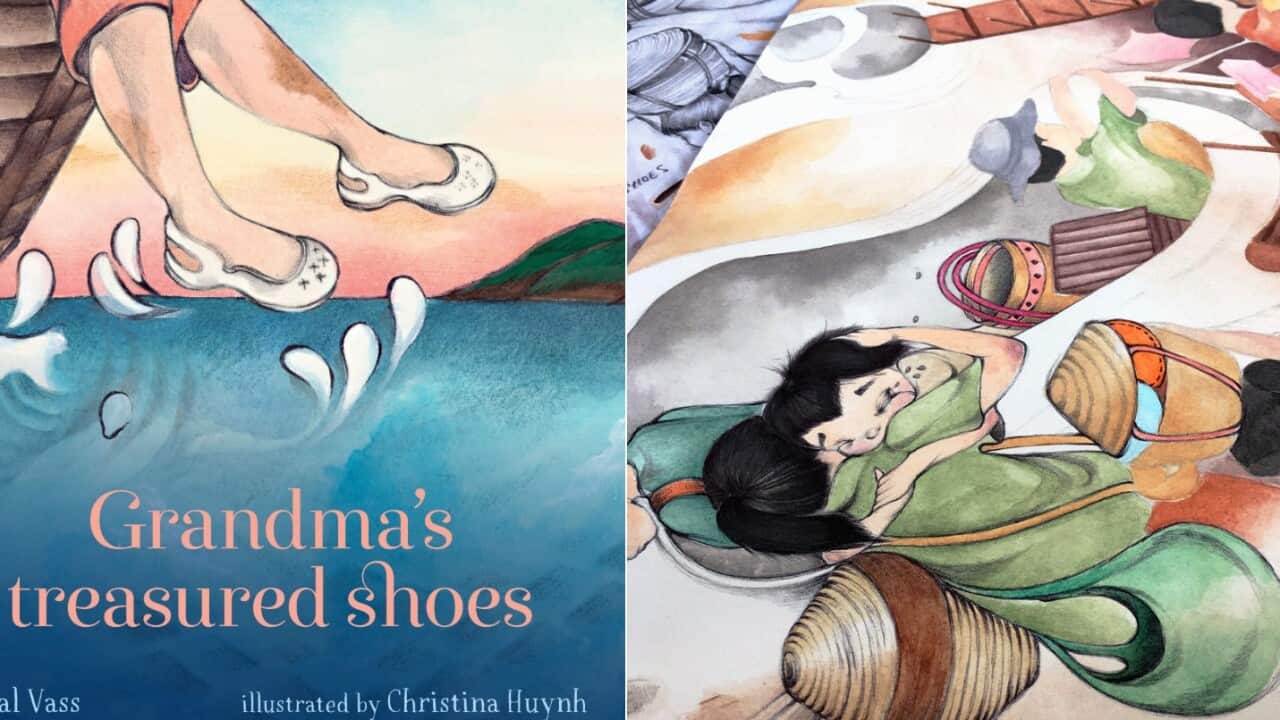 Illustrations from Christina Huynh's featured in the book 'Grandma's treasured shoes'. 