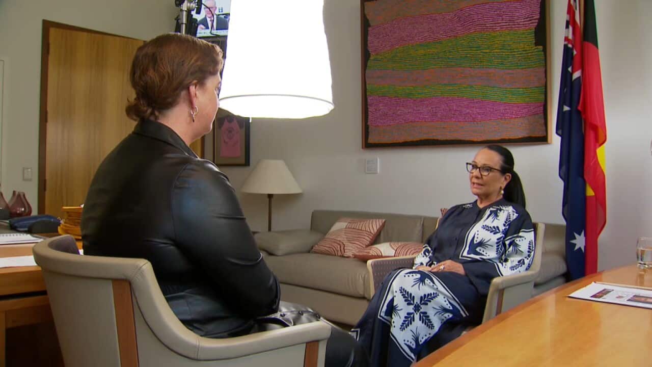 Indigenous Affairs Minister Linda Burney is interviewed by SBS Chief Political Correspondent Anna Henderson. They both sit in chairs facing one another.
