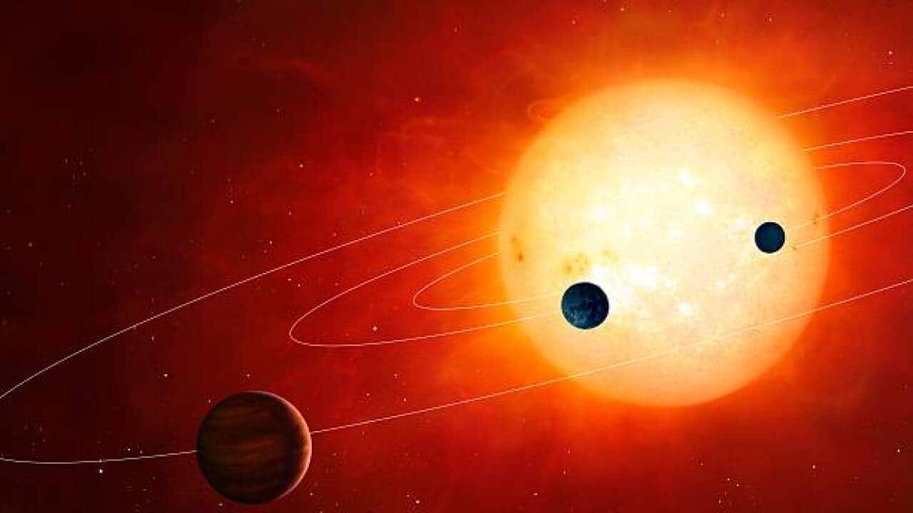 Artwork of exoplanets around nearby star - illustration Artwork of a hypothetical planetary system around a sun-like star. The planetary system includes rocky and gaseous planets in tight orbits. Getty Images - Credit:Mark Garlick.