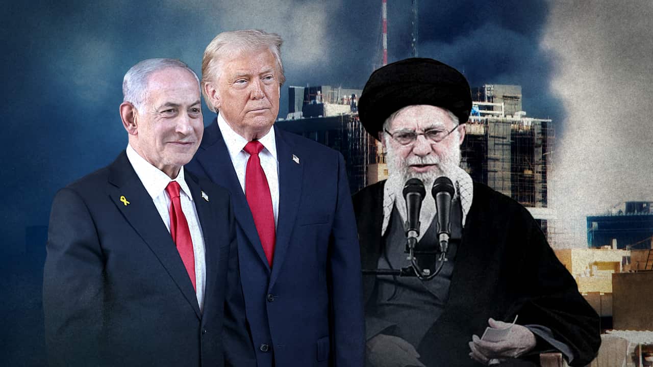 A composite image showing Benjamin Netanyahu, Donald Trump and Ali Khamenei
