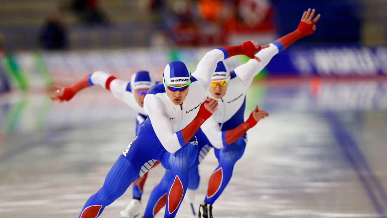 Team Russia races in the men's team sprint race during the ISU World Cup Speed Skating Championships December 1, 2017 in Calgary, Alberta, Canada. 