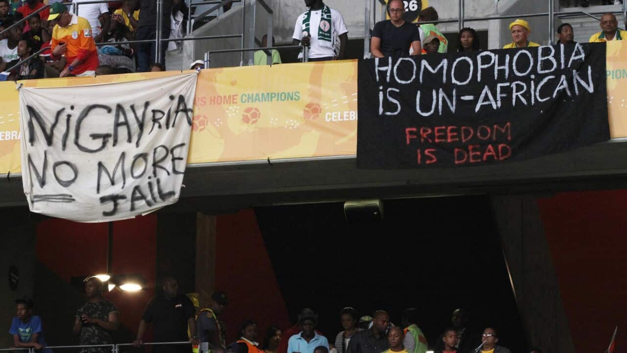 Protestors against Nigeria's anti-same-sex marriage laws at a sports event in South Africa