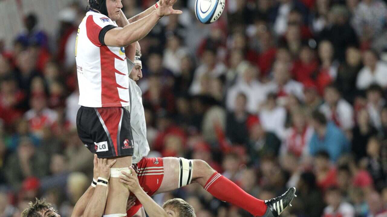 Golden Lions' Franco van der Merwe fights for the line out