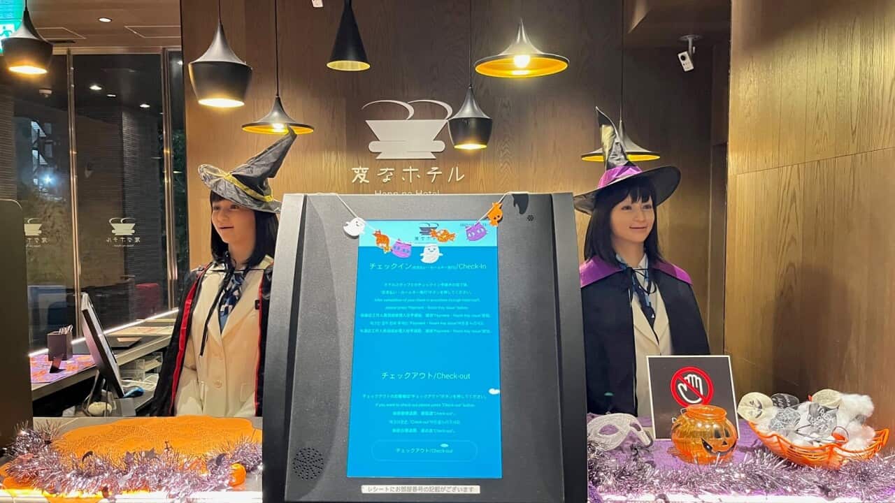 These robot receptionists at a Tokyo hotel dressed in costume for Halloween.jpg
