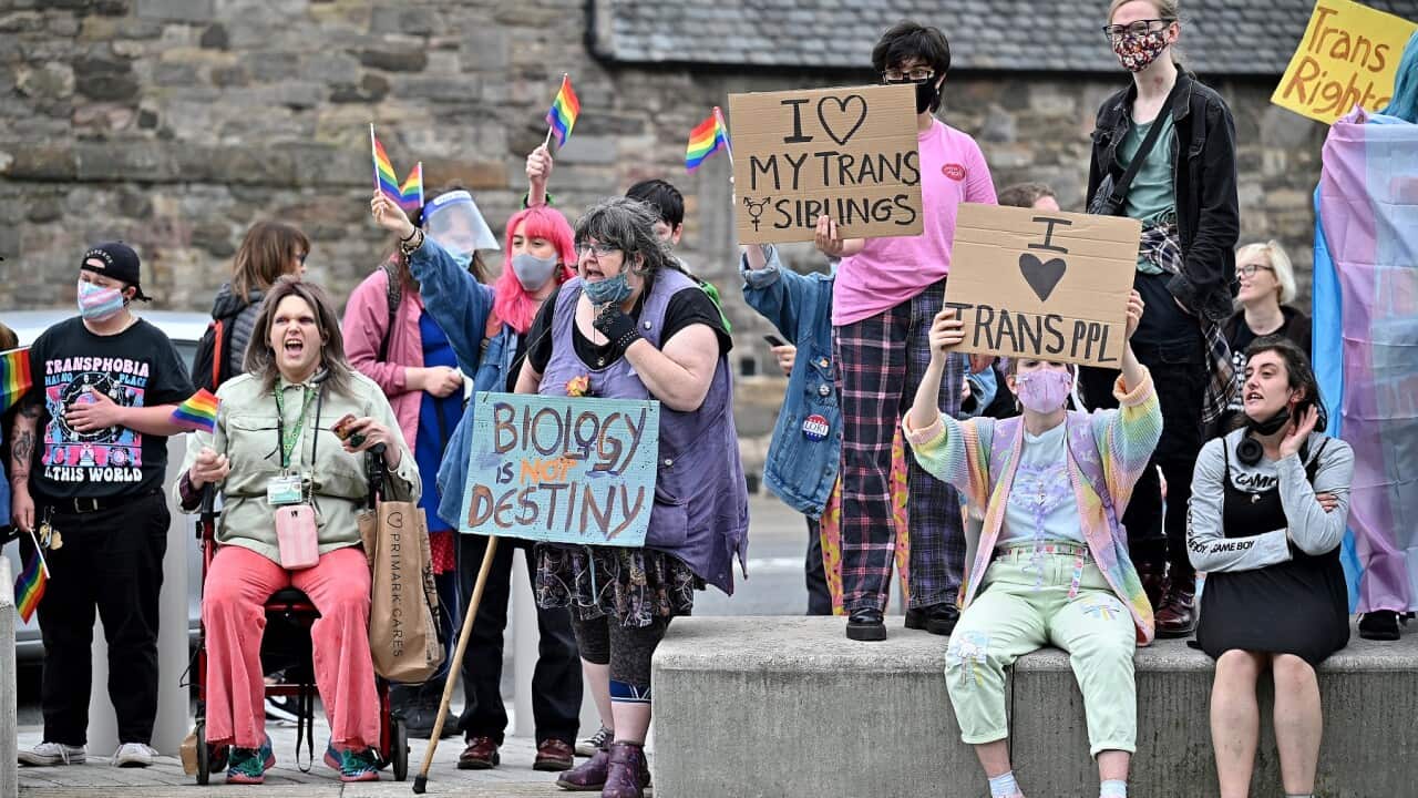 Transgender rights activists protesting outside the Scottish Parliament