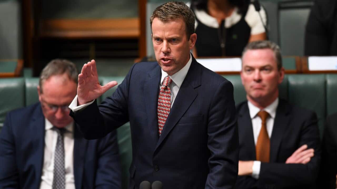 Australian Social Services Minister Dan Tehan speaks during House of Representatives Question Time at Parliament House in Canberra, Thursday, February 8, 2018. (AAP Image/Lukas Coch) NO ARCHIVING