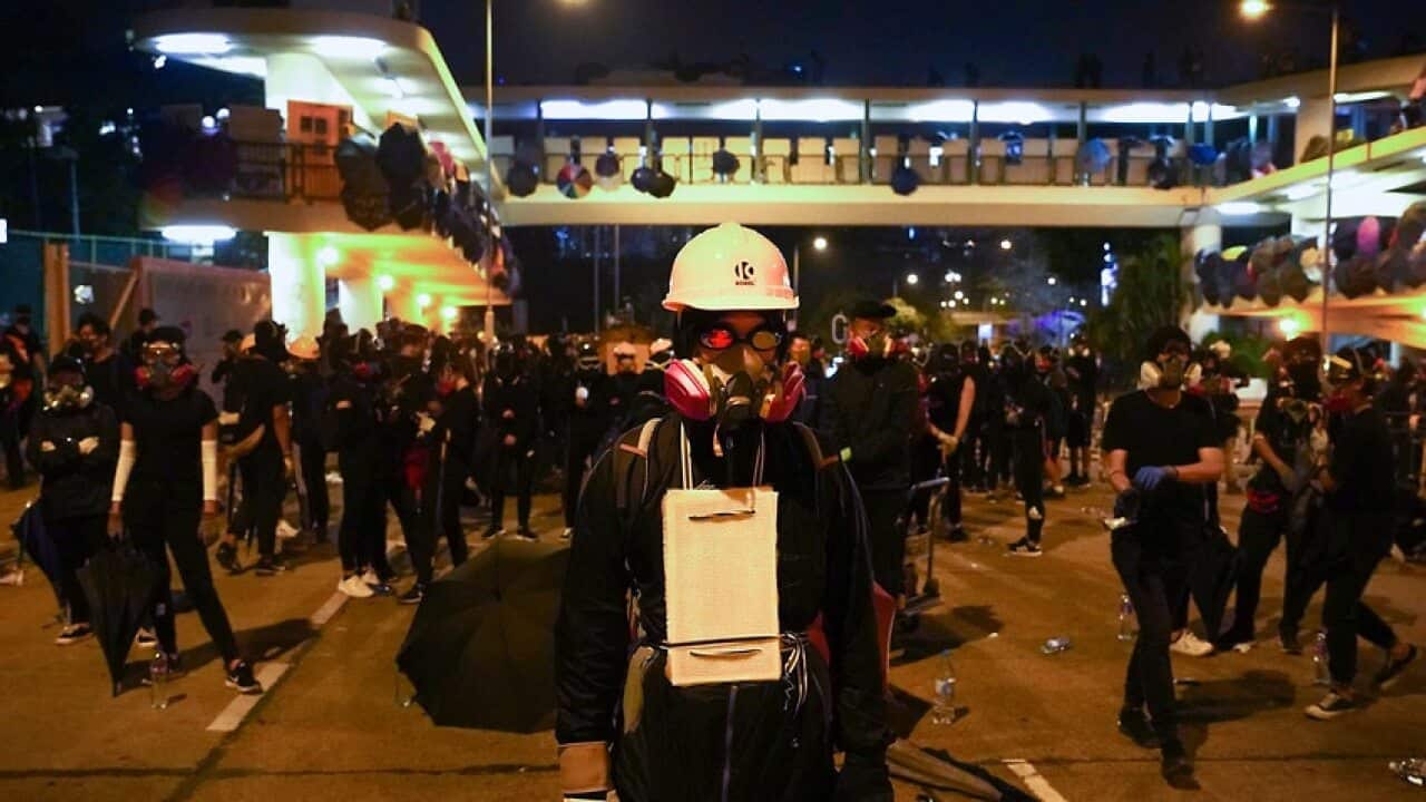 Student Protesters outside the campus of Hong Kong Baptist University in Hong Kong
