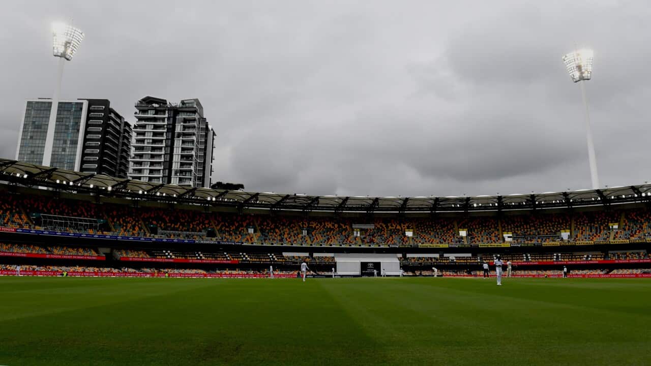 A general view as play resumes under lights and heavy cloud on Day 4 of the Second Test between Australia and the West Indies at the Gabba in Brisbane.