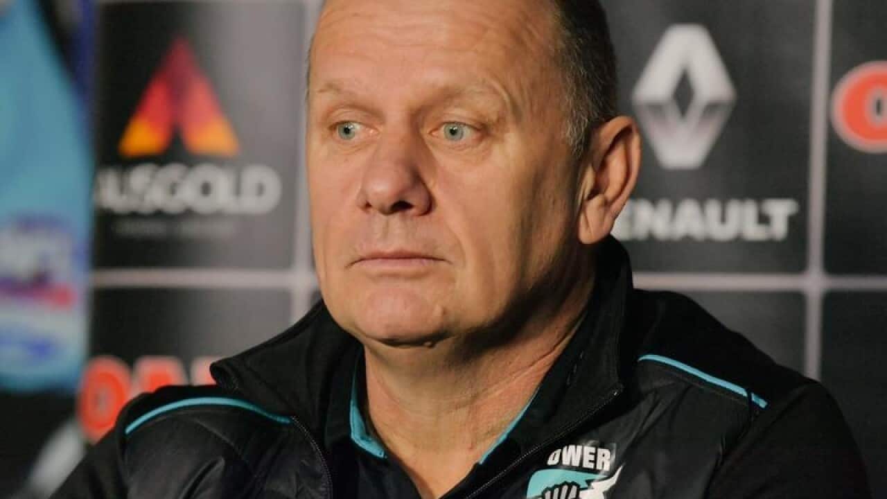 File image of Port Adelaide Coach Ken Hinkley at a press conference.