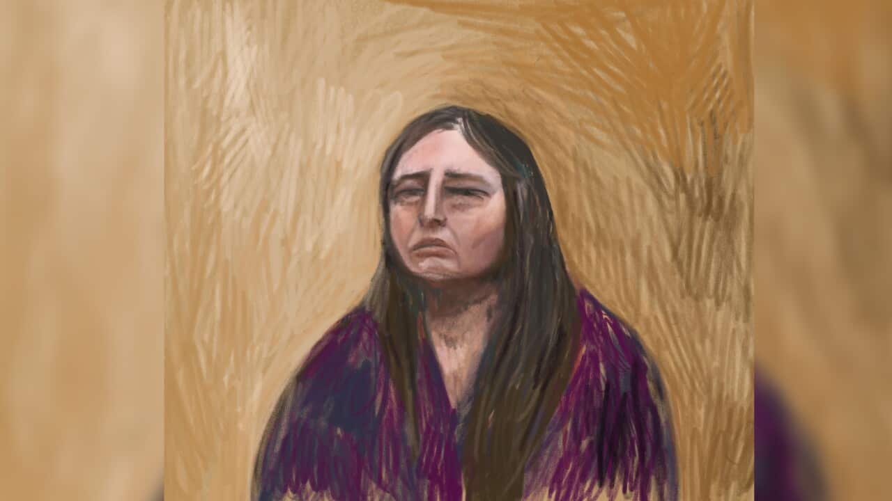 An artist's sketch of a woman with long dark hair and a blank expression wearing a maroon jumper