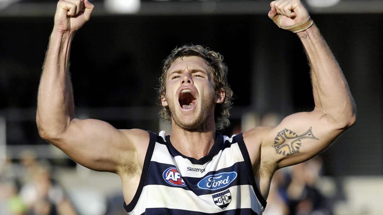 Cameron Mooney of the Geelong Cats celebrates a goal