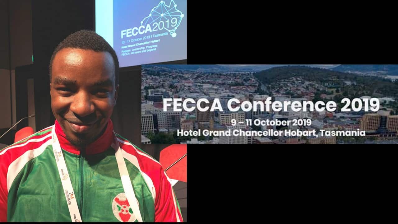 Fablice Manirakiza at the FECCA conference  October 2019 in Tasmania, Hobart